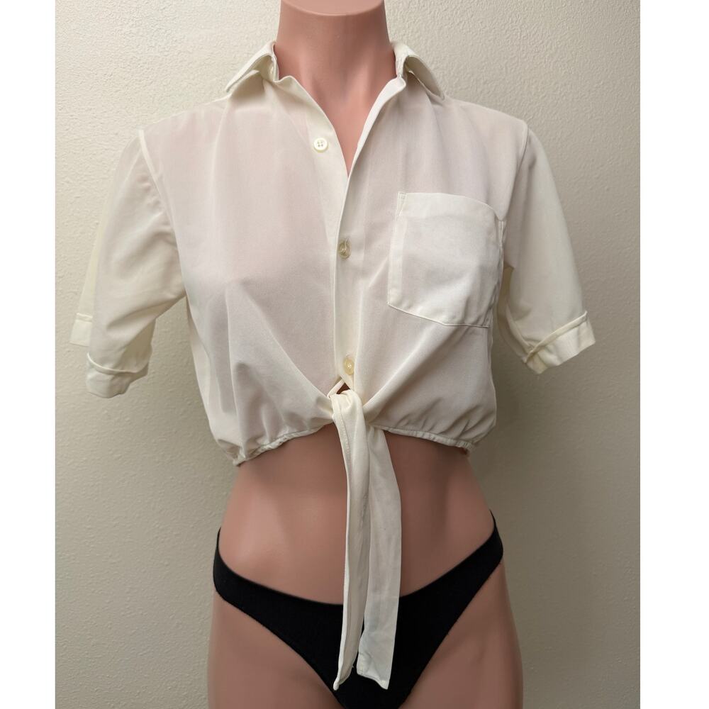 Vintage Mr. D.R. Sheer Tie Front Crop Blouse Ivory Short Sleeve Top
